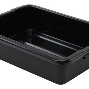 The Quantum Bussing Tub is a black polypropylene bin, 20W x 15D x 5H, featuring a ribbed bottom. It is empty on a plain white background and labeled Made in USA.