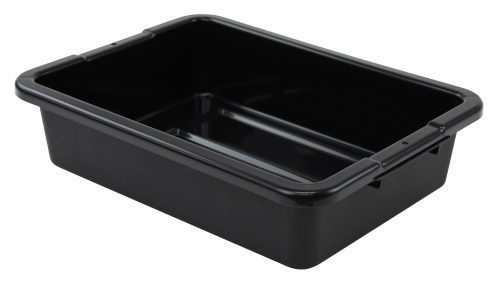 FSB-20155RBK.jpg The Quantum Bussing Tub is a black polypropylene bin, 20W x 15D x 5H, featuring a ribbed bottom. It is empty on a plain white background and labeled Made in USA.