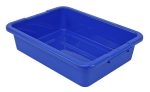 A large, blue Quantum Bussing Tub made of polypropylene, 20W x 15D x 5H with a ribbed bottom, is angled on a white background. Made in the USA and NSF certified.