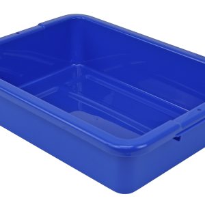 A large, blue Quantum Bussing Tub made of polypropylene, 20W x 15D x 5H with a ribbed bottom, is angled on a white background. Made in the USA and NSF certified.