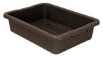 The Quantum Bussing Tub is a large dark brown polypropylene bin measuring 20W x 15D x 5H, featuring a ribbed bottom, reinforced edges, and sturdy side handles, set on a white background. It’s made in the USA and NSF certified.