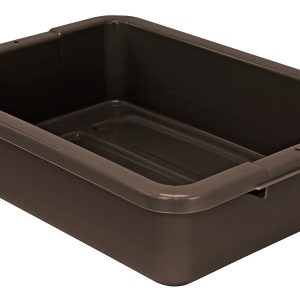 The Quantum Bussing Tub is a large dark brown polypropylene bin measuring 20W x 15D x 5H, featuring a ribbed bottom, reinforced edges, and sturdy side handles, set on a white background. It’s made in the USA and NSF certified.