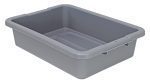 The Quantum Bussing Tub, measuring 20 W x 15 D x 5 H, is a spacious gray polypropylene bin with reinforced edges, side handles, ribbed bottom for stability, and a smooth interior and exterior surface. Made in the USA and NSF certified.