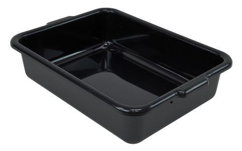 FSB-21155BK.jpg A Quantum Bussing Tub, featuring a black, glossy polypropylene build with slightly rounded edges and dimensions of 21W x 15D x 5H, is viewed from an angle highlighting its depth. Made in the USA and NSF certified.