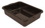 A brown, rectangular polypropylene tray with smooth edges is displayed against a white background. It features a flat bottom and a slight shine, indicating its cleanliness. Made in USA. Product: Quantum Bussing Tub, 21W x 15D x 5H, NSF.