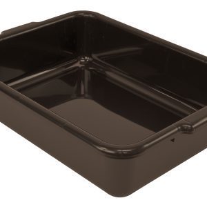 A brown, rectangular polypropylene tray with smooth edges is displayed against a white background. It features a flat bottom and a slight shine, indicating its cleanliness. Made in USA. Product: Quantum Bussing Tub, 21W x 15D x 5H, NSF.