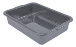 The Quantum Bussing Tub is a high-quality, gray, rectangular plastic storage bin made in the USA from durable polypropylene. It features a flat bottom and measures 21W x 15D x 5H, shown at an angle with an empty interior.