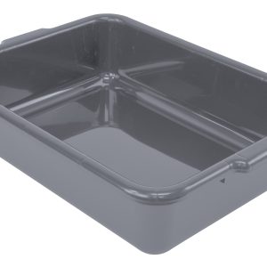 The Quantum Bussing Tub is a high-quality, gray, rectangular plastic storage bin made in the USA from durable polypropylene. It features a flat bottom and measures 21W x 15D x 5H, shown at an angle with an empty interior.