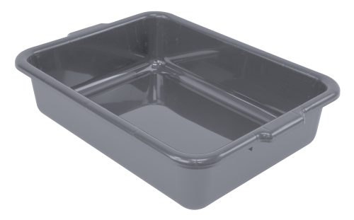 The Quantum Bussing Tub is a high-quality, gray, rectangular plastic storage bin made in the USA from durable polypropylene. It features a flat bottom and measures 21W x 15D x 5H, shown at an angle with an empty interior.