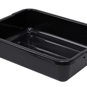 The Quantum Bussing Tub, made from black polypropylene and measuring 21W x 15D x 5H, with a ribbed bottom, is shown empty on a pristine white background.