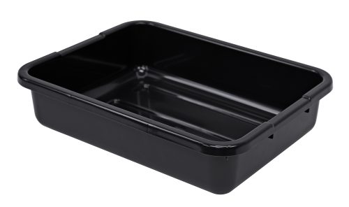 FSB-21155RBK.jpg The Quantum Bussing Tub, made from black polypropylene and measuring 21W x 15D x 5H, with a ribbed bottom, is shown empty on a pristine white background.