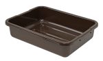 The Quantum Bussing Tub, an American-made, brown polypropylene storage bin, measures 21W x 15D x 5H and features a ribbed bottom. NSFs approved, it showcases smooth edges and an open top when angled.
