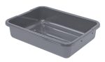 The Quantum Bussing Tub is a 21W x 15D x 5H dark gray, rectangular plastic tub made from polypropylene. It features smooth edges, a glossy finish, slightly rounded corners, and a ribbed bottom for stability. NSF certified and made in the USA, its ideal for versatile storage solutions.