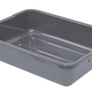 The Quantum Bussing Tub is a 21W x 15D x 5H dark gray, rectangular plastic tub made from polypropylene. It features smooth edges, a glossy finish, slightly rounded corners, and a ribbed bottom for stability. NSF certified and made in the USA, its ideal for versatile storage solutions.