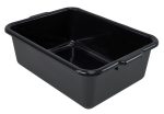 The Quantum Bussing Tub is a large, black, rectangular polypropylene bin with a flat bottom and smooth high sides. It measures 21W x 15D x 7H and has rounded corners plus handles on the shorter sides for easy carrying. Made in the USA and NSF certified.