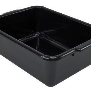The Quantum Bussing Tub is a large, black, rectangular polypropylene bin with a flat bottom and smooth high sides. It measures 21W x 15D x 7H and has rounded corners plus handles on the shorter sides for easy carrying. Made in the USA and NSF certified.
