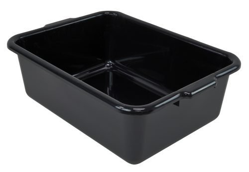The Quantum Bussing Tub is a large, black, rectangular polypropylene bin with a flat bottom and smooth high sides. It measures 21W x 15D x 7H and has rounded corners plus handles on the shorter sides for easy carrying. Made in the USA and NSF certified.
