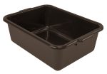The Quantum Bussing Tub, made in the USA from durable polypropylene, features a brown rectangular design with slightly rounded corners and handles on its shorter sides. Its flat bottom and NSF certification enhance functionality. Dimensions are 21W x 15D x 7H.