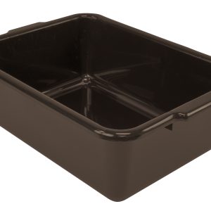 The Quantum Bussing Tub, made in the USA from durable polypropylene, features a brown rectangular design with slightly rounded corners and handles on its shorter sides. Its flat bottom and NSF certification enhance functionality. Dimensions are 21W x 15D x 7H.