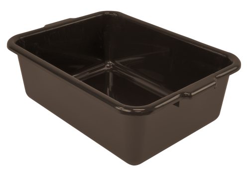 The Quantum Bussing Tub, made in the USA from durable polypropylene, features a brown rectangular design with slightly rounded corners and handles on its shorter sides. Its flat bottom and NSF certification enhance functionality. Dimensions are 21W x 15D x 7H.