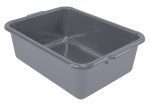 The Quantum Bussing Tub is a rectangular gray polypropylene container with a flat bottom and slightly rounded edges. Its 21W x 15D x 7H, features smooth surfaces and is made in the USA, NSF-certified.