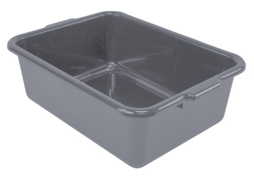 The Quantum Bussing Tub is a rectangular gray polypropylene container with a flat bottom and slightly rounded edges. Its 21W x 15D x 7H, features smooth surfaces and is made in the USA, NSF-certified.
