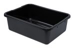 The Quantum Bussing Tub is a black, 21W x 15D x 7H polypropylene bin, featuring smooth edges and rounded corners with a ribbed bottom. Its shiny surface reflects light brilliantly. Proudly made in the USA and NSF certified.