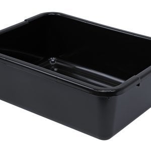 The Quantum Bussing Tub is a black, 21W x 15D x 7H polypropylene bin, featuring smooth edges and rounded corners with a ribbed bottom. Its shiny surface reflects light brilliantly. Proudly made in the USA and NSF certified.