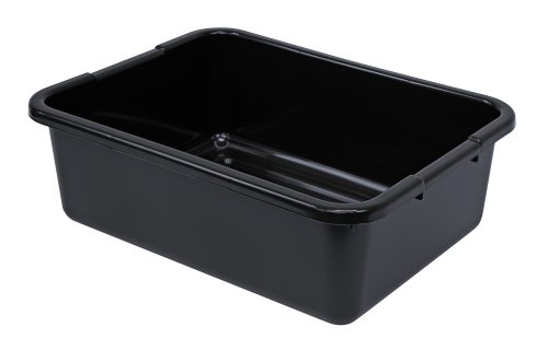 The Quantum Bussing Tub is a black, 21W x 15D x 7H polypropylene bin, featuring smooth edges and rounded corners with a ribbed bottom. Its shiny surface reflects light brilliantly. Proudly made in the USA and NSF certified.