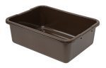 The Quantum Bussing Tub, made of brown polypropylene and measuring 21W x 15D x 7H, features rounded edges, a smooth surface, and a ribbed bottom for stability. Made in the USA and NSF certified, it sits elegantly on a white background.