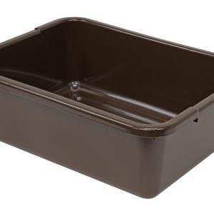 The Quantum Bussing Tub, made of brown polypropylene and measuring 21W x 15D x 7H, features rounded edges, a smooth surface, and a ribbed bottom for stability. Made in the USA and NSF certified, it sits elegantly on a white background.