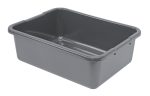 The Quantum Bussing Tub, measuring 21W x 15D x 7H, is made in the USA from durable gray polypropylene and features a ribbed bottom. It sits on a plain white background with a slight reflection on its sleek surface.