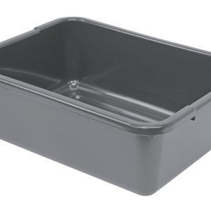 The Quantum Bussing Tub, measuring 21W x 15D x 7H, is made in the USA from durable gray polypropylene and features a ribbed bottom. It sits on a plain white background with a slight reflection on its sleek surface.