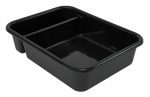 The Quantum Bussing Tub, made in the USA and measuring 20W x 15D x 5H, features two compartments and durable polypropylene construction. Its black with a smooth finish, perfect for carrying dishes in restaurants and kitchens. NSF certified.