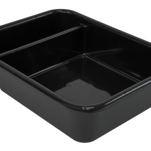 The Quantum Bussing Tub, made in the USA and measuring 20W x 15D x 5H, features two compartments and durable polypropylene construction. Its black with a smooth finish, perfect for carrying dishes in restaurants and kitchens. NSF certified.