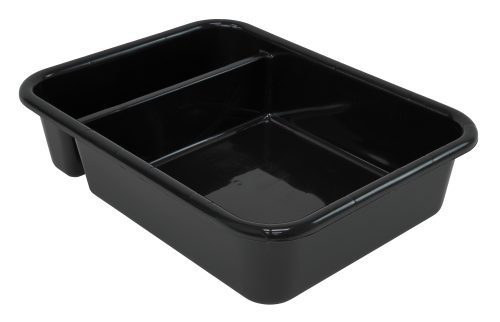 The Quantum Bussing Tub, made in the USA and measuring 20W x 15D x 5H, features two compartments and durable polypropylene construction. Its black with a smooth finish, perfect for carrying dishes in restaurants and kitchens. NSF certified.