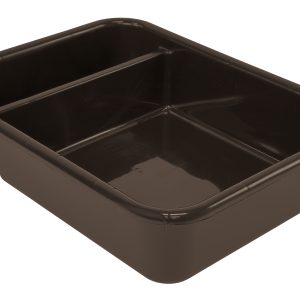 The Quantum Bussing Tub, measuring 20W x 15D x 5H, is a brown, two-compartment storage bin made in the USA from polypropylene. Its smooth sides and slightly rounded edges reflect light subtly across its glossy surface. NSF certified.