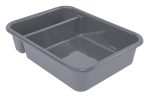 The Quantum Bussing Tub, 20W x 15D x 5H, is crafted from gray polypropylene with raised edges and rounded corners. Its sleek interior has one lower side for easy access or pouring. Made in the USA and NSF certified, it combines functionality and quality in a simple design.