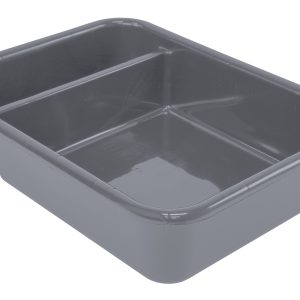 The Quantum Bussing Tub, 20W x 15D x 5H, is crafted from gray polypropylene with raised edges and rounded corners. Its sleek interior has one lower side for easy access or pouring. Made in the USA and NSF certified, it combines functionality and quality in a simple design.
