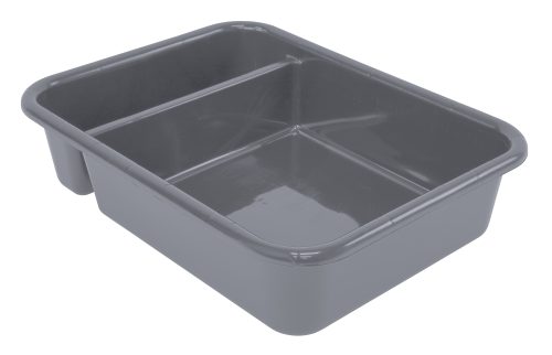 The Quantum Bussing Tub, 20W x 15D x 5H, is crafted from gray polypropylene with raised edges and rounded corners. Its sleek interior has one lower side for easy access or pouring. Made in the USA and NSF certified, it combines functionality and quality in a simple design.