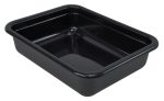 The Quantum Bussing Tub, 22W x 17D x 5H, made of black polypropylene and NSF certified, features smooth edges and a shiny surface. Made in the USA, it exemplifies quality craftsmanship and durability.