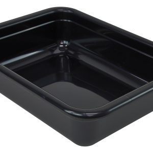 The Quantum Bussing Tub, 22W x 17D x 5H, made of black polypropylene and NSF certified, features smooth edges and a shiny surface. Made in the USA, it exemplifies quality craftsmanship and durability.