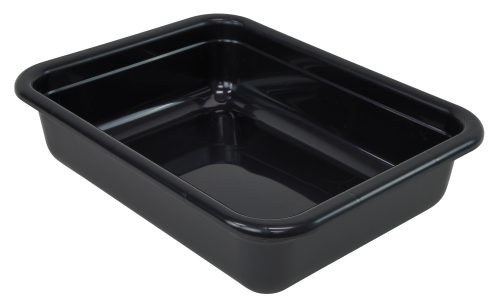 The Quantum Bussing Tub, 22W x 17D x 5H, made of black polypropylene and NSF certified, features smooth edges and a shiny surface. Made in the USA, it exemplifies quality craftsmanship and durability.