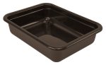 A brown, rectangular plastic tub made of durable polypropylene, featuring a flat bottom and smooth edges. Measuring 22W x 17D x 5H, it is designed in the USA for storage or utility purposes and meets NSF standards.