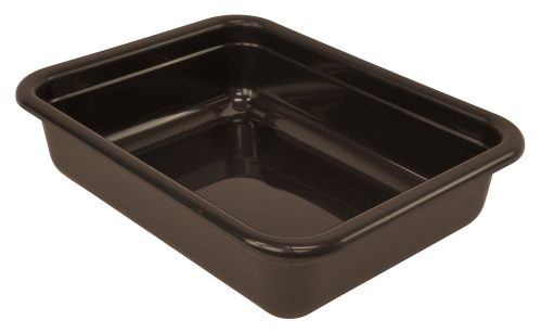A brown, rectangular plastic tub made of durable polypropylene, featuring a flat bottom and smooth edges. Measuring 22W x 17D x 5H, it is designed in the USA for storage or utility purposes and meets NSF standards.