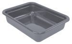 The gray Quantum Bussing Tub, 22W x 17D x 5H, crafted from durable polypropylene with smooth edges and a clean flat bottom, is versatile for various uses. Proudly made in the USA and NSF certified.