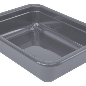 The gray Quantum Bussing Tub, 22W x 17D x 5H, crafted from durable polypropylene with smooth edges and a clean flat bottom, is versatile for various uses. Proudly made in the USA and NSF certified.
