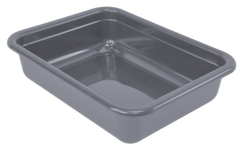 The gray Quantum Bussing Tub, 22W x 17D x 5H, crafted from durable polypropylene with smooth edges and a clean flat bottom, is versatile for various uses. Proudly made in the USA and NSF certified.