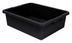 A black Quantum Bussing Tub, 22W x 17D x 7H, with a ribbed bottom and sturdy handles, made of polypropylene in the USA.