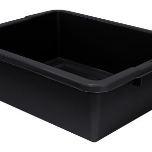 A black Quantum Bussing Tub, 22W x 17D x 7H, with a ribbed bottom and sturdy handles, made of polypropylene in the USA.